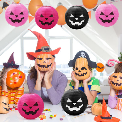 Blulu 6 Pieces Halloween Hanging Paper Lanterns Set Pumpkin Paper Jack-O'-Lantern for Halloween Spooky Home Party Decoration, 11.8 x 11 Inch (Pink,Black)