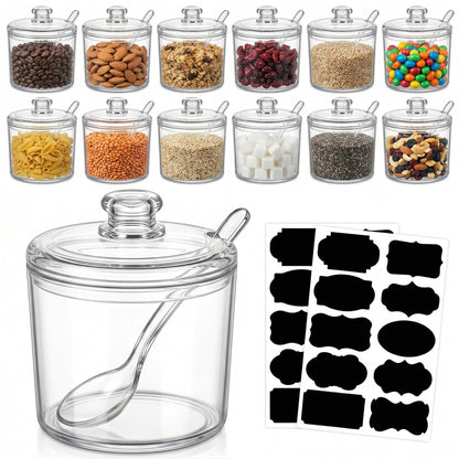 CACASO 12 Pcs Acrylic Sugar Bowls Containers, 11 oz Clear Lid Spoon Condiment Pots, Seasoning Box Storage Jar Coffee Bar Kitchen Spices Salt Tea
