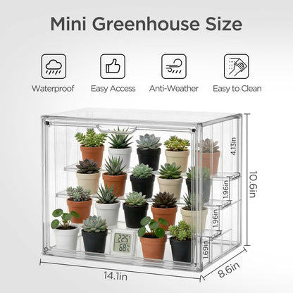 HBlife Mini Greenhouse for Indoor, Clear Stackable Green House with Magnetic Door & Adjustable Drainage Dividers, Tabletop Portable Greenhouse for Small Plants Nursery Germination and Display, 2 Pack