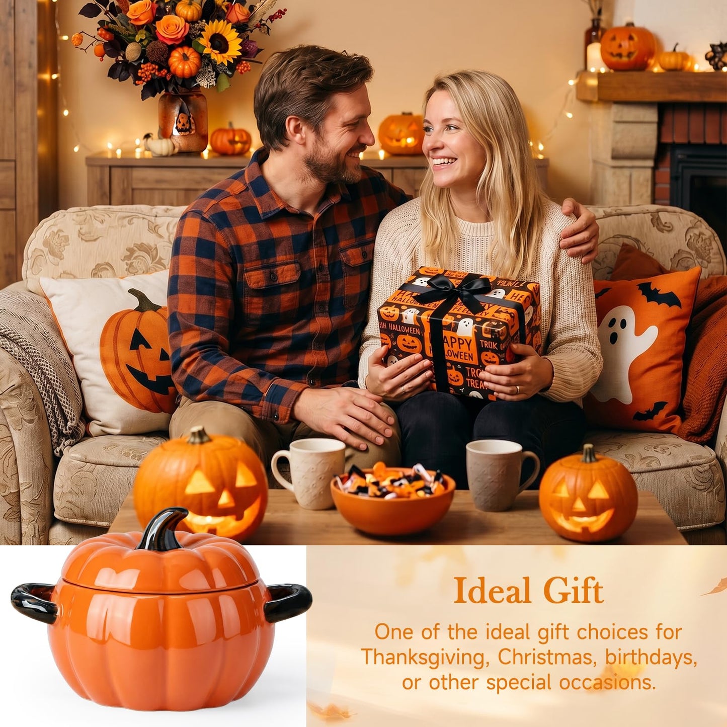 FTNESGYM Pumpkin Soup Bowl, 64oz Ceramic Pumpkin Pot Microwave & Dishwasher Safe Casserole Dish with Lid, Dutch Oven Pot Stockpot Cookware for Home Thanksgiving Halloween Party (Orange)