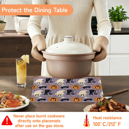 Halloween Ghosts Pumpkins Table Mats Set of 6,Black Cats Non-Slip Washable Placemats for Restaurant Home Kitchen Dinner Table 12x18Inch