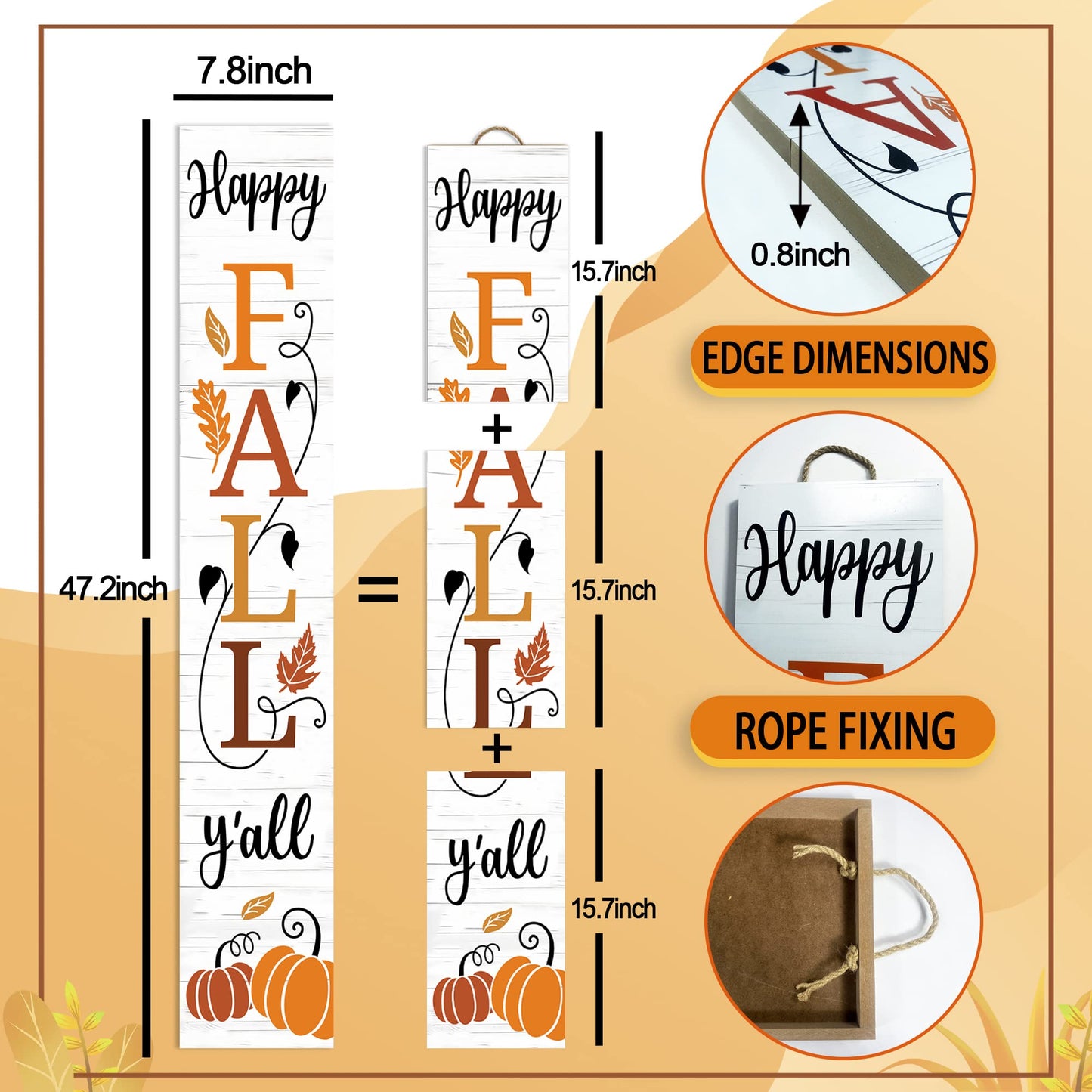 Happy Fall Y'all Wooden Porch Sign 47" Thanksgiving Large Welcome Porch Sign for Pumpkin Sign Autumn Home Front Door Yard Party Decor