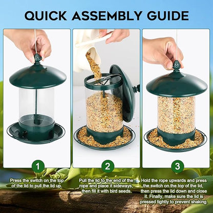 Metal Bird Feeders for Outdoors Hanging, Weather Resistant Wild Bird Feeder with 360 Degree Feeding Tray, Green, 2 Pack