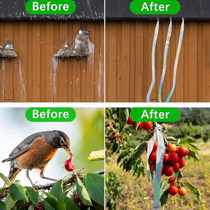 Benasan [984FT] Effective Birds Scare Reflective Ribbon Reflectors,Dual-Sided Flashing Streamers to Keep Pigeons, Hawks, Woodpeckers, Geeses Away from Trees Plants Crops Garden Porch,2*Rolls