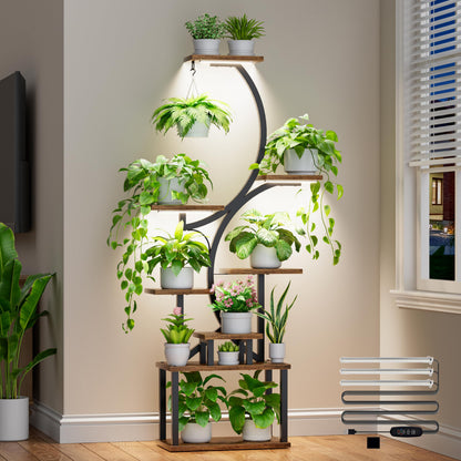 Plant Stand Indoor with Grow Lights - 62" Tall Plant Shelf, Lighted Corner Plant Stands for Indoor Growing, 8 Tiered Large Flower Holder, S-Shaped Decorative Rack for Living Room, Patent Design, Brown