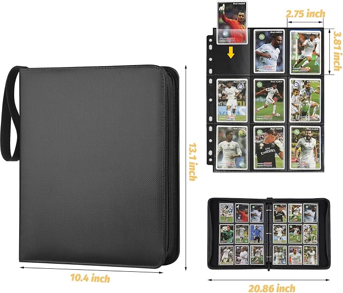 GERMUN 3 Ring 9 Pocket Zipper Card Binder, 720 Double Sided Standard PU Trading Card Album Folder for TCG & Sports Cards, Not Fit Top Loaders (Black)