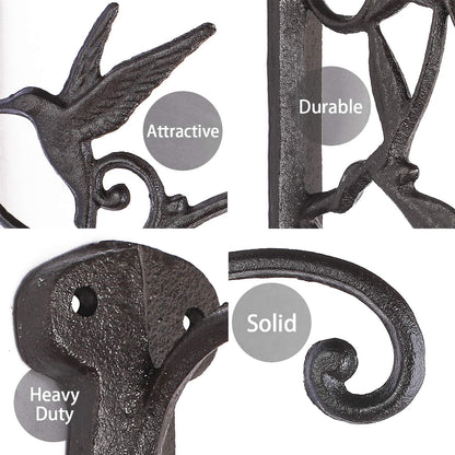 Livfodrm 2PCS Plant Hangers Outdoor Plant Hooks for Wall/Fence, Hummingbird Hanging Plant Bracket Heavy Duty Cast Iron Plant Hanger for Lantern/Bird Feeder, Drak Brown