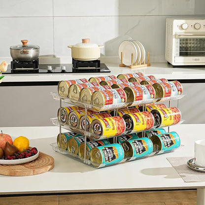 Amlllas Can Organizer for Pantry, Stacking Can Storage Organizer Pantry, Automatic Rolling Can Rack for Fridge, 3Tire 6 Columns Can Holder for 72 Cans, Canned Goods Organizer