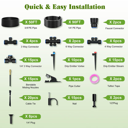Drip Irrigation Kit for Garden, Automatic Watering System with Quick Connect Fittings, Adjustable Spray Nozzles, Water Saving Irrigation System for Yard, Greenhouse, Lawn & Potted Plants (140FT)