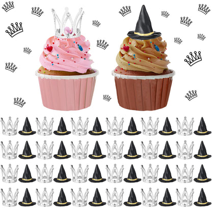Cutecrop 48 Pack Witch Hat and Crown Cake Topper Bad Witch Birthday Party Decorations Mini Wizard Hats Silver Crown Cupcake Toppers Decor Princess Cake Accessories for Birthday Party Supplies Crafts