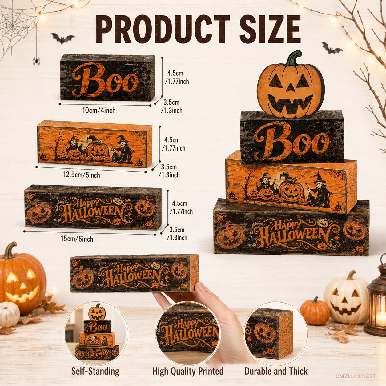 4 Pcs Halloween Decorations Scary Pumpkin Wooden Signs Farmhouse Rustic Tiered Tray Decor Boo Happy Halloween Tabletop Centerpiece for Home Kitchen Shelf Mantel