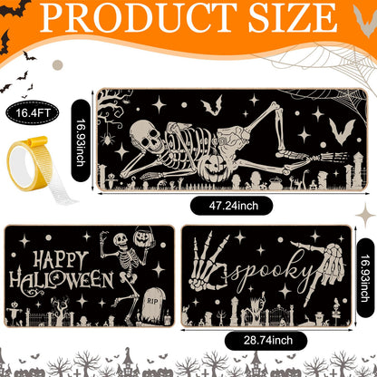 Drydiet 3 Pcs Halloween Kitchen Mats and Rugs Sets Spooky Skeleton Kitchen Floor Door Mat Non Slip Washable Gothic Runner Rug Halloween Decorations for Home Laundry Room Sink Holiday Party Decor