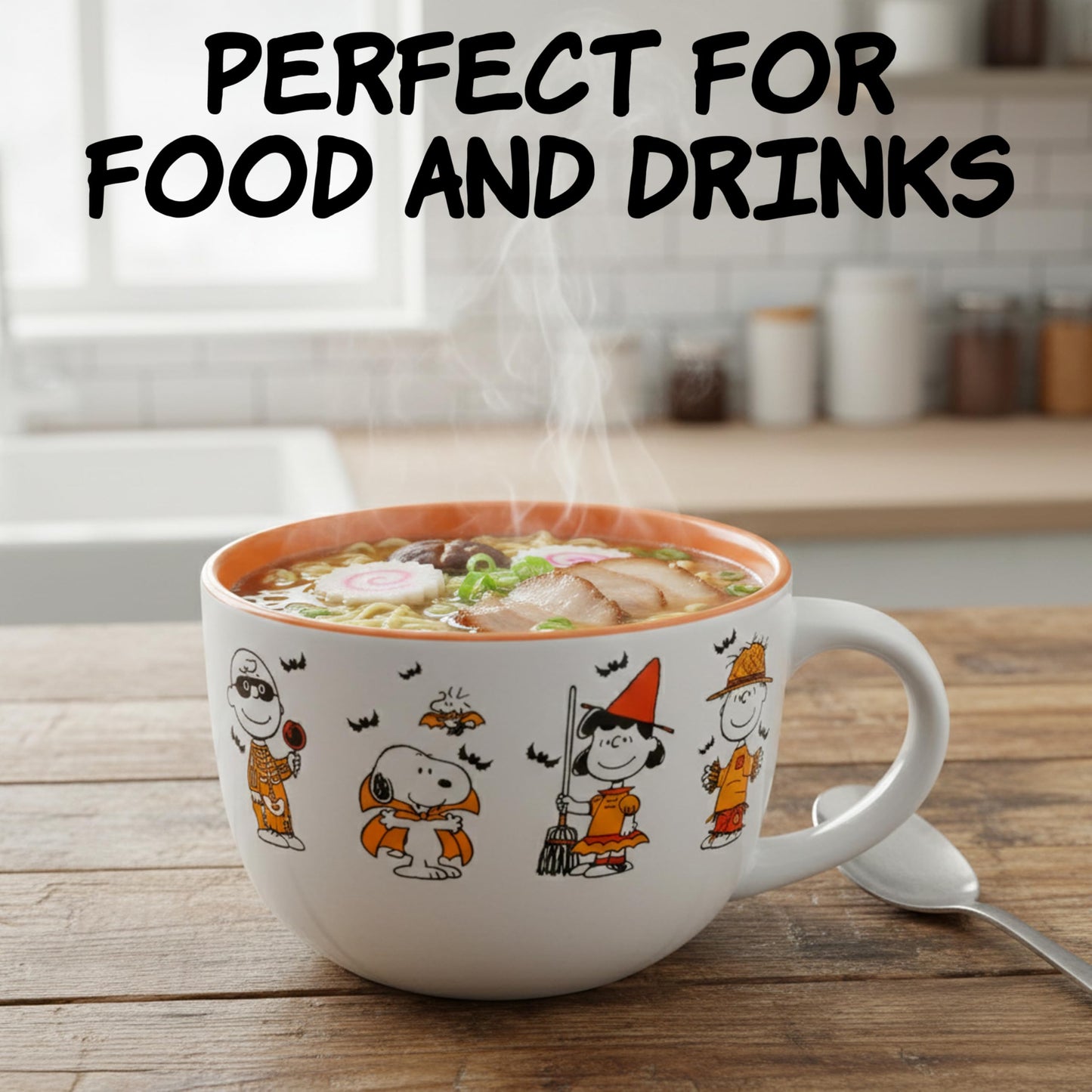 Silver Buffalo Peanuts Halloween Featuring Snoopy (Vampire), Woodstock (Vampire), Charlie Brown (Skeleton), Lucy (Witch), and Linus (Scarecrow) Ceramic Soup Mug, 24 Ounces