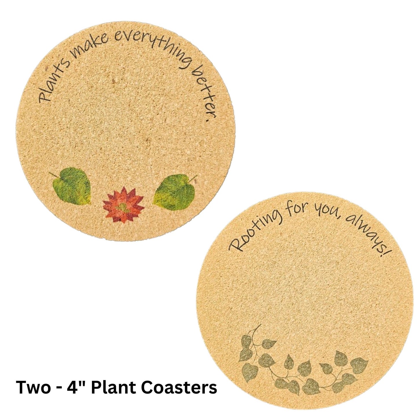 Plant Coaster Set of 6 – Cork & Plastic Coasters for Houseplants – 8", 6", & 4" Sizes – UV Printed with Cute Plant Sayings – Protects Surfaces from Moisture & Scratches