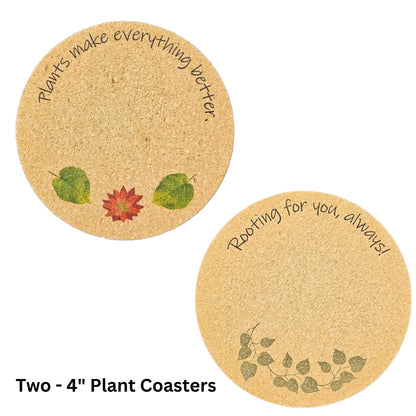 Plant Coaster Set of 6 – Cork & Plastic Coasters for Houseplants – 8", 6", & 4" Sizes – UV Printed with Cute Plant Sayings – Protects Surfaces from Moisture & Scratches