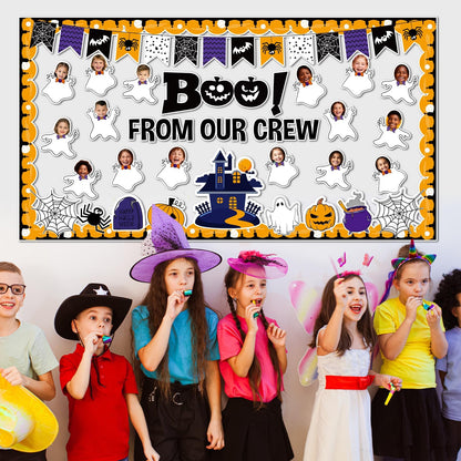 Halloween Ghost Bulletin Board Set Classroom Decorations Pumpkin Castle Paper Cutouts BOO Ghost Pattern Spider Web DIY Photos Bulletin Board Halloween Party Back to School Nursery Classroom Wall Decor