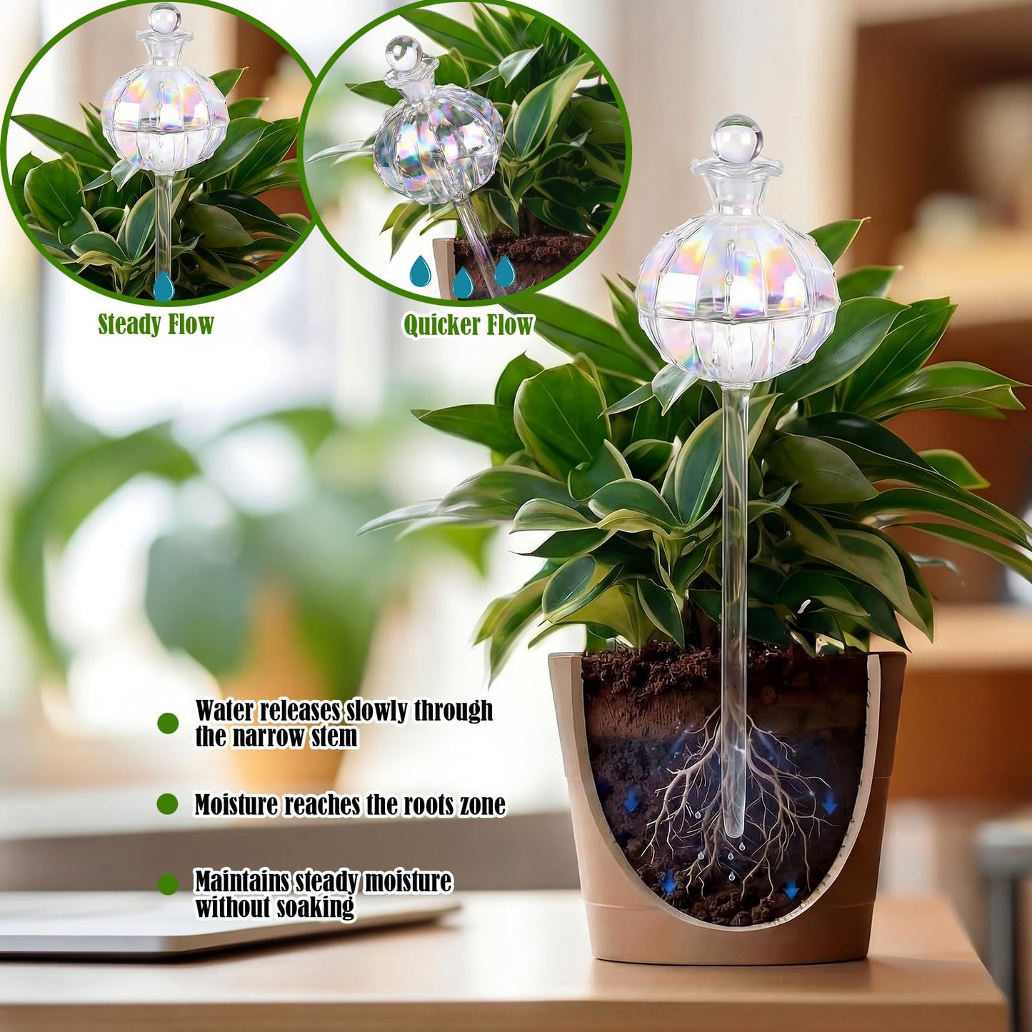 Thenshop 4 Pack 10 oz Large Plant Self Watering Globes Top Fill Glass Cactus Bulbs Iridescent Vacation Plant Slow Release Watering Devices for Indoor Outdoor Planting Lover Gifts