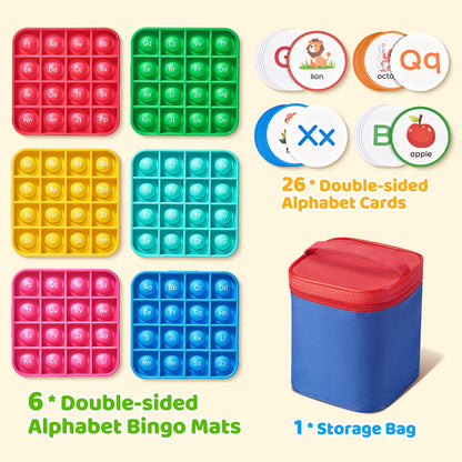 JoyCat Alphabet Bingo Game for Kids Ages 3-5, Sensory ABC Learning Toy with 6 Reusable Silicone Bingo Boards, 26 Double-Sided Letter & Picture Cards, Preschool Kindergarten Classroom Game