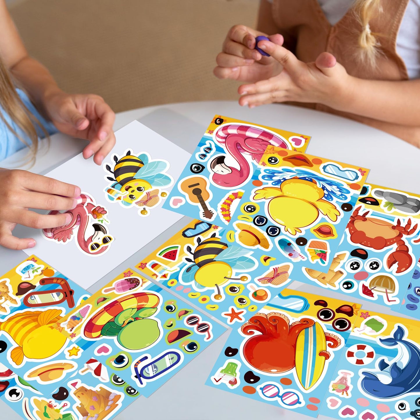 60Sheets Summer Animal Stickers Crafts Bulk, Hawaiian Beach Tropical Make-A-Flamingo/Bee/Fish Face Sticker Holiday Gifts Luau Pool Activity Games Goodie Bag Stuffer Party Favors(Small Size)