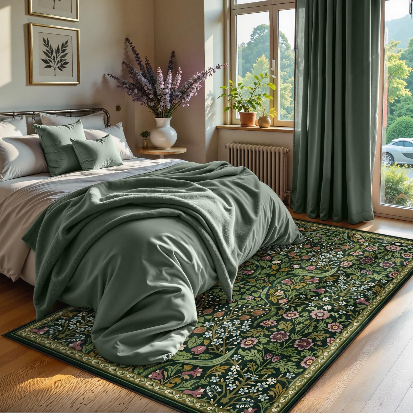 Moynesa Floral Washable 5x7 Rug, Green Area Rugs for Living Room, Non Slip Boho Dining Room Rug Under Table, Botanical Ultra Thin Floor Carpet for Bedroom Home Office, Green