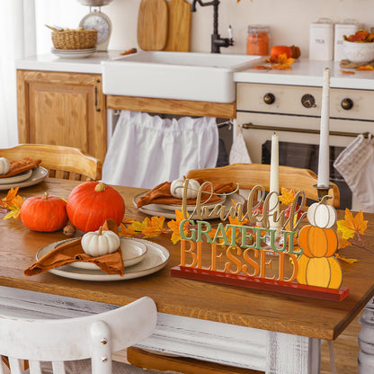 Cinnvoice 11.81 Inch Thanksgiving Table Sign Fall Decorations for Home Thanksgiving Metal Letter Centerpiece Decorations with Wooden Base Pumpkin Grateful Thankful Blessed Sign for Shelf Mantel