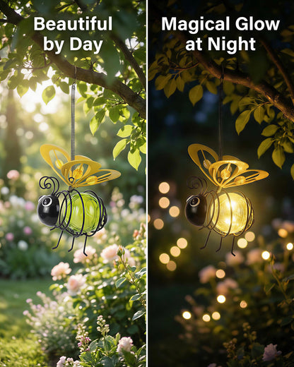 Solar Hanging Bee Light - Outdoor Metal Garden Decor with LED Glow, Yellow Body - Waterproof Solar Powered Insect Ornament for Yard, Tree, Porch, Patio - Gift for Women, Mom, Bee Lovers (1 Pack)