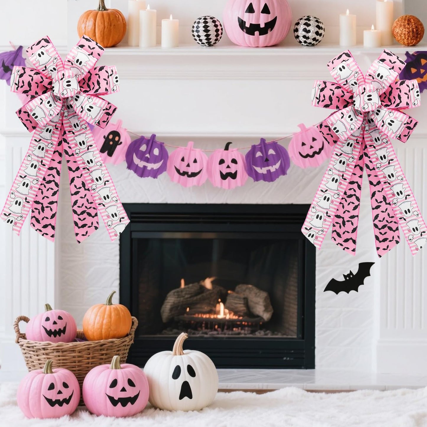 Craflox Pink Halloween Wired Ribbon for Wreath Bows, 4 Rolls, 2.5″ Wide, 20 Yards Total, Pastel Girly Halloween Ghost Wired Ribbons for Crafts Supplies, Pumpkin Cat Ribbon Bow