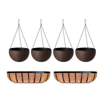 LaLaGreen Bundle- 4 Pack, 11 Inch Self Watering Hanging Basket + 2 Pack, 24 Inch Metal Basket with Coco Liner Wall Mount Fence Rail Planter Round Plastic Flower Pots Balcony Porch Patio Outdoor Garden