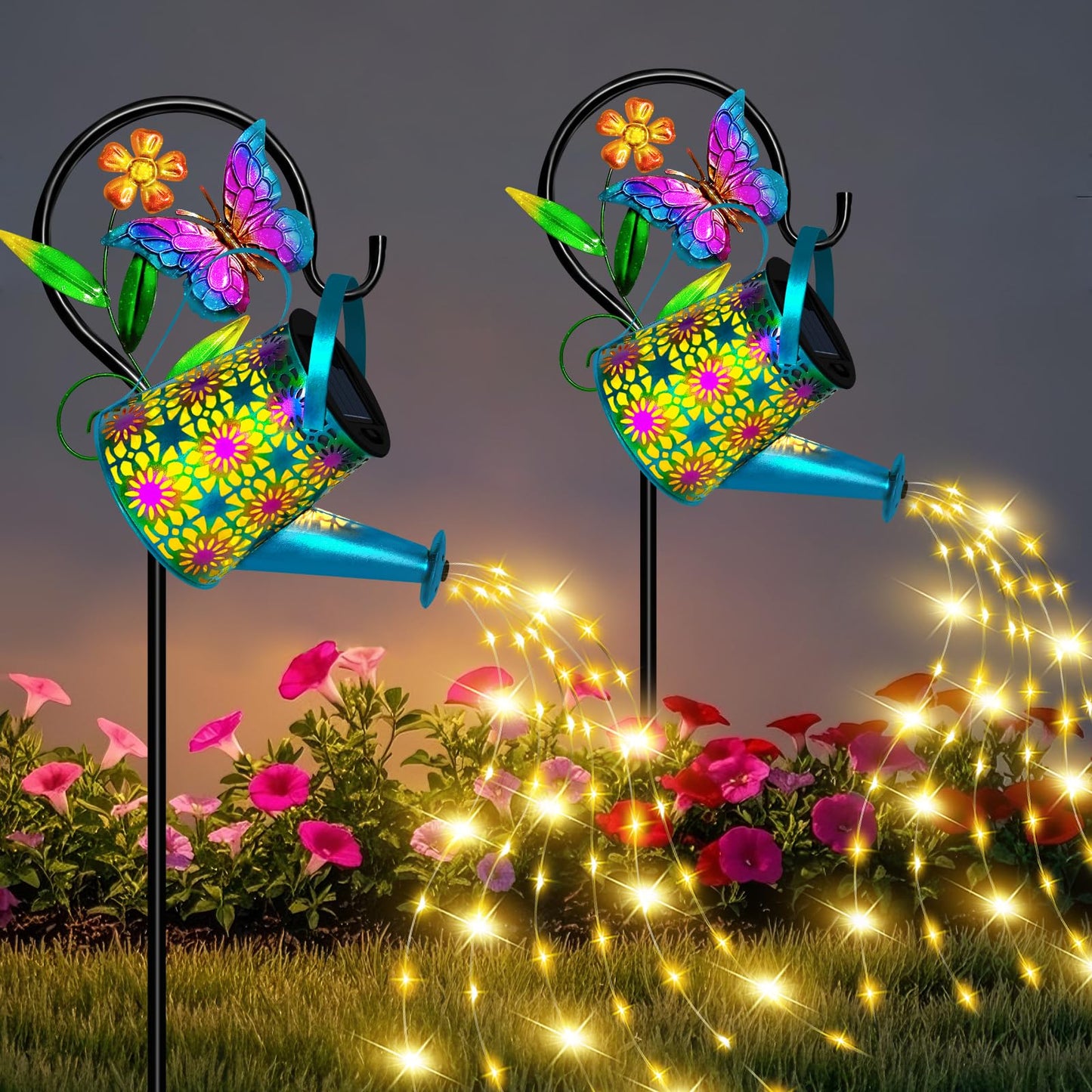 Solar Watering Can with Lights, Waterproof Solar Lantern with Butterfly Shepherd Hook, Hanging Garden Lights for Patio Yard Lawn Porch Outdoor Decoration 2 Pack
