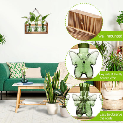 Glass Plant Propagation Station Butterfly Planter Vase with Wooden Stand Birthday Gifts for Women Mom Plant Lovers Office Home Decoration