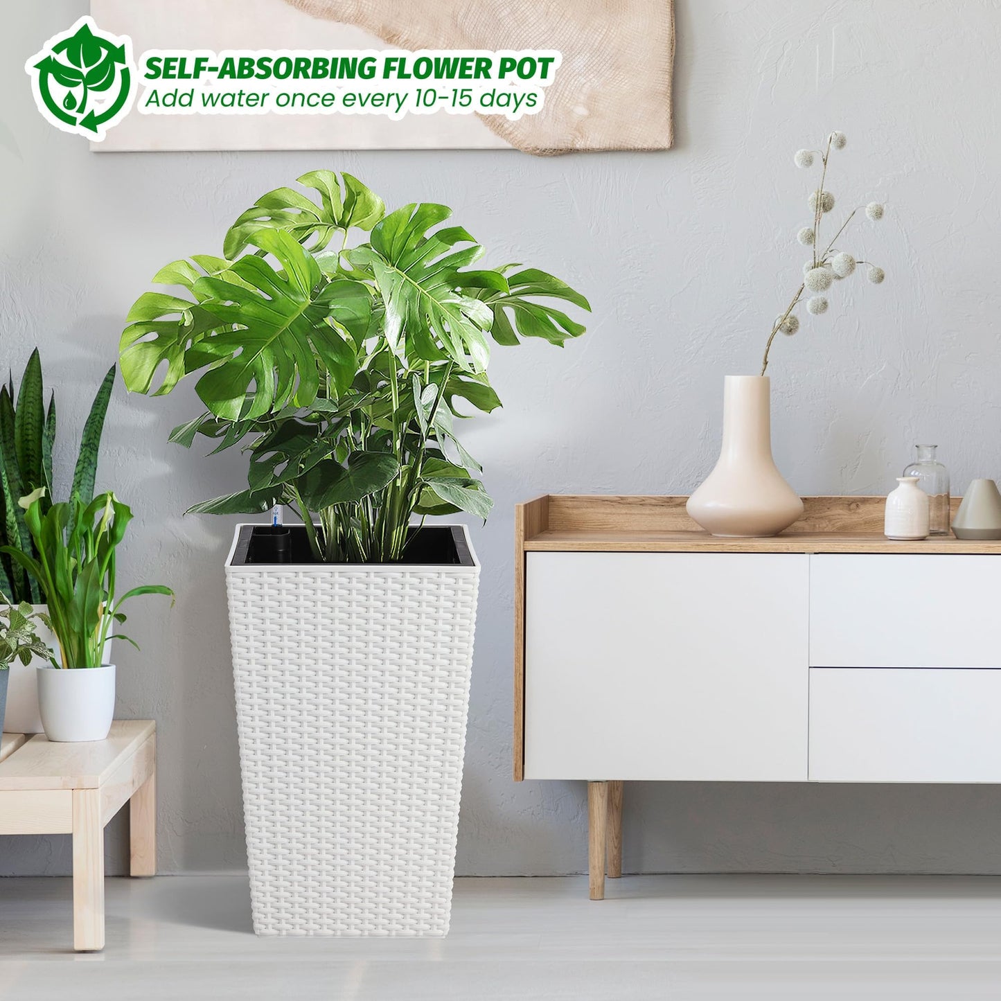16" White Tall Planters Outdoor Set of 2, Large White Flower Pots Outdoor with Drainage Holes & Automatic Watering System, Modern Large Resin Planters for Outdoor Plants, Front Porch, Deck, Rattan
