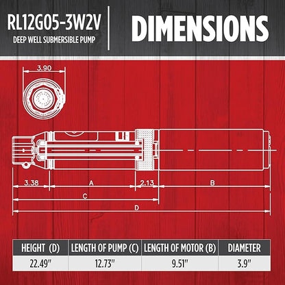 Red Lion RL12G05-3W2V 4-inch Submersible Deep Well Pump with Control Box 1/2 HP, 12 GPM, 3-Wire, 230 Volt, Steel, 14942405