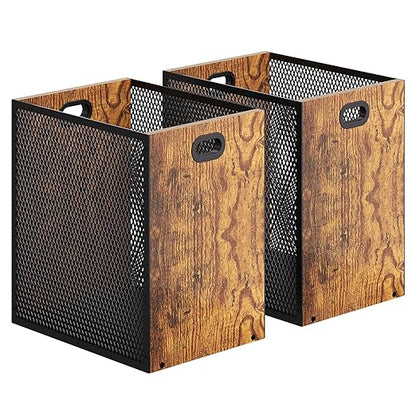 Retro Office Trash Can, Iron and Wood Combination Bedroom Garbage Can, Rectangular Design Wastebasket with Handle, Industrial Style Trash Can for Home Office, 11.02" X 7.87" X 11.81" 4.5 Gallon (2)