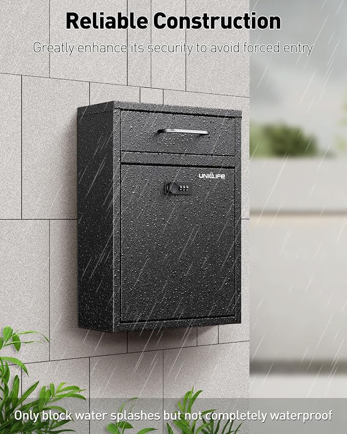 Uniclife Wall Mount Mailbox for Outside, Anti-Theft Heavy Duty Locking Mailbox, Large Mailbox with Combination Lock, Security Mail Box, Safe Key Drop Box, Post Box, Steel Cash Drop Box for Home, Black