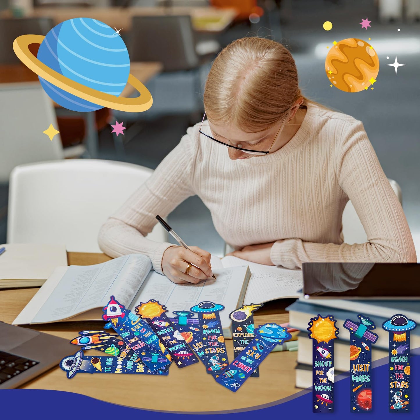 120 Pcs Space Bookmarks Bulk Planet Rocket Space Ship Theme Bookmarks Outer Space Inspirational Quotes Cards Valentines Gifts for Classroom Office Birthday Party Prizes Favors
