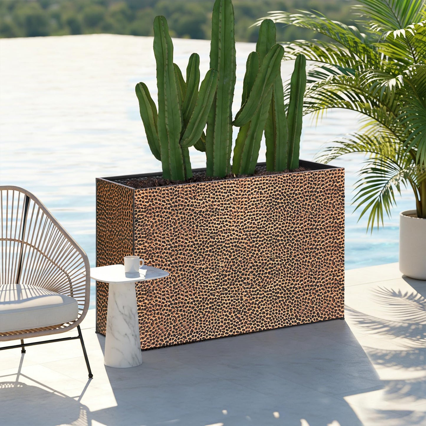 BAYN 32x12x24 Inch Rectangular Metal Planter Box – Bronze Hand-Hammered Metal Planter with Pre-Drill Holes, Heavy Duty Outdoor Garden Planter for Patio, Porch, Yard