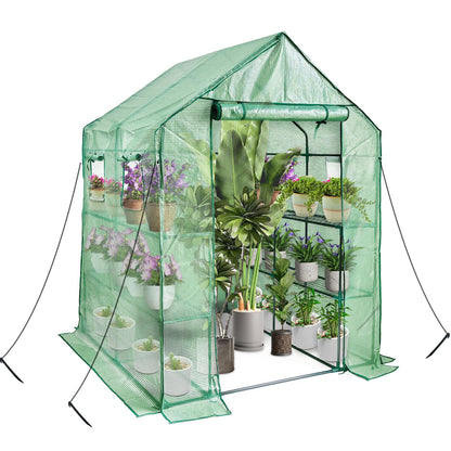 Walk in Greenhouse with Shelves,Plastic Growhouse Frame for Garden,12 Tiers Green House with Reinforced PE Cover and 4 Windows,56" L x 56" W x 77" H,for Indoor Outdoor Seeding and Plant Growing