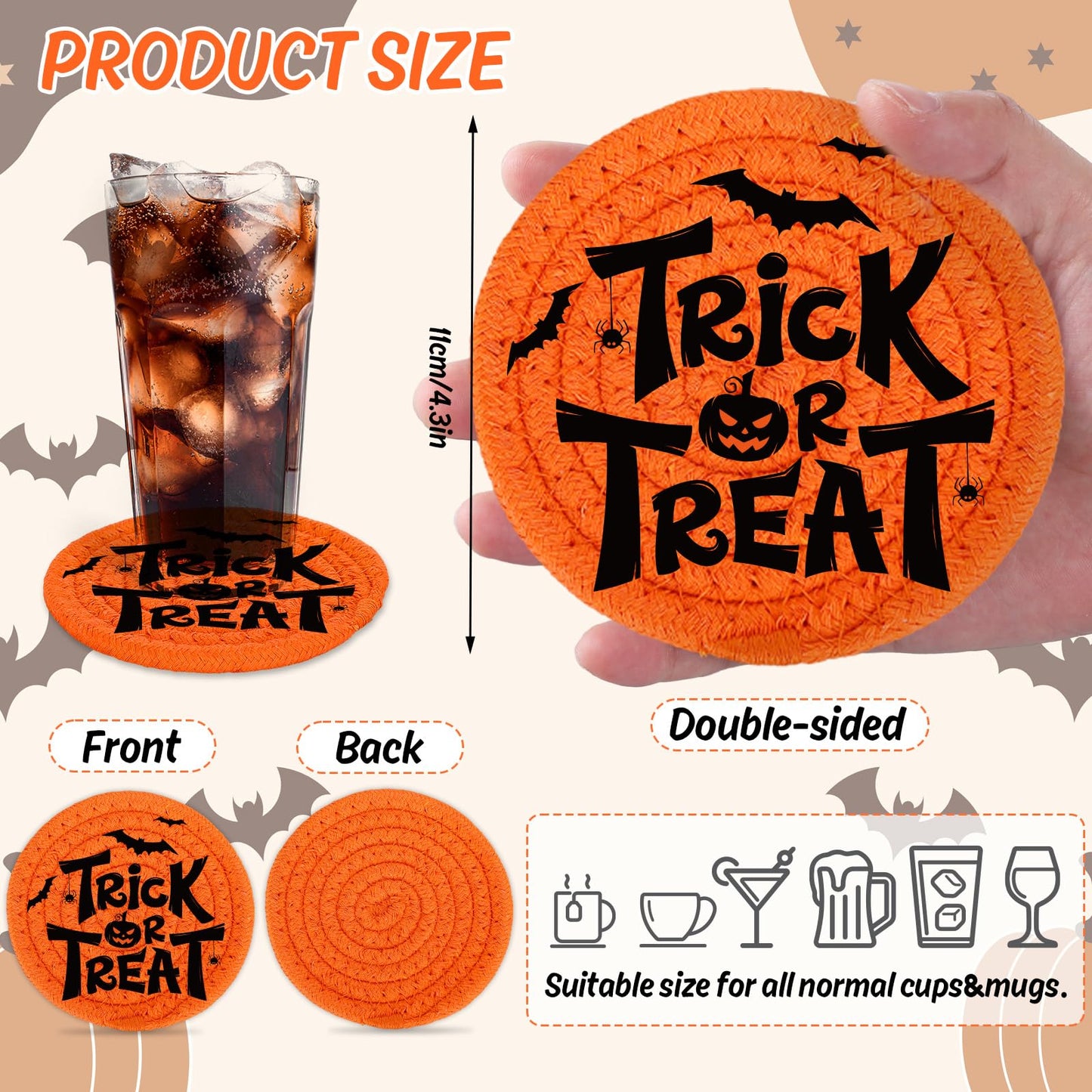 Whaline Happy Halloween Cotton Coasters Black Orange Pumpkin Face Handmade Braided Drink Coasters Trick or Treat Absorbent Cup Mats for Party Home Table Decor, Set of 4
