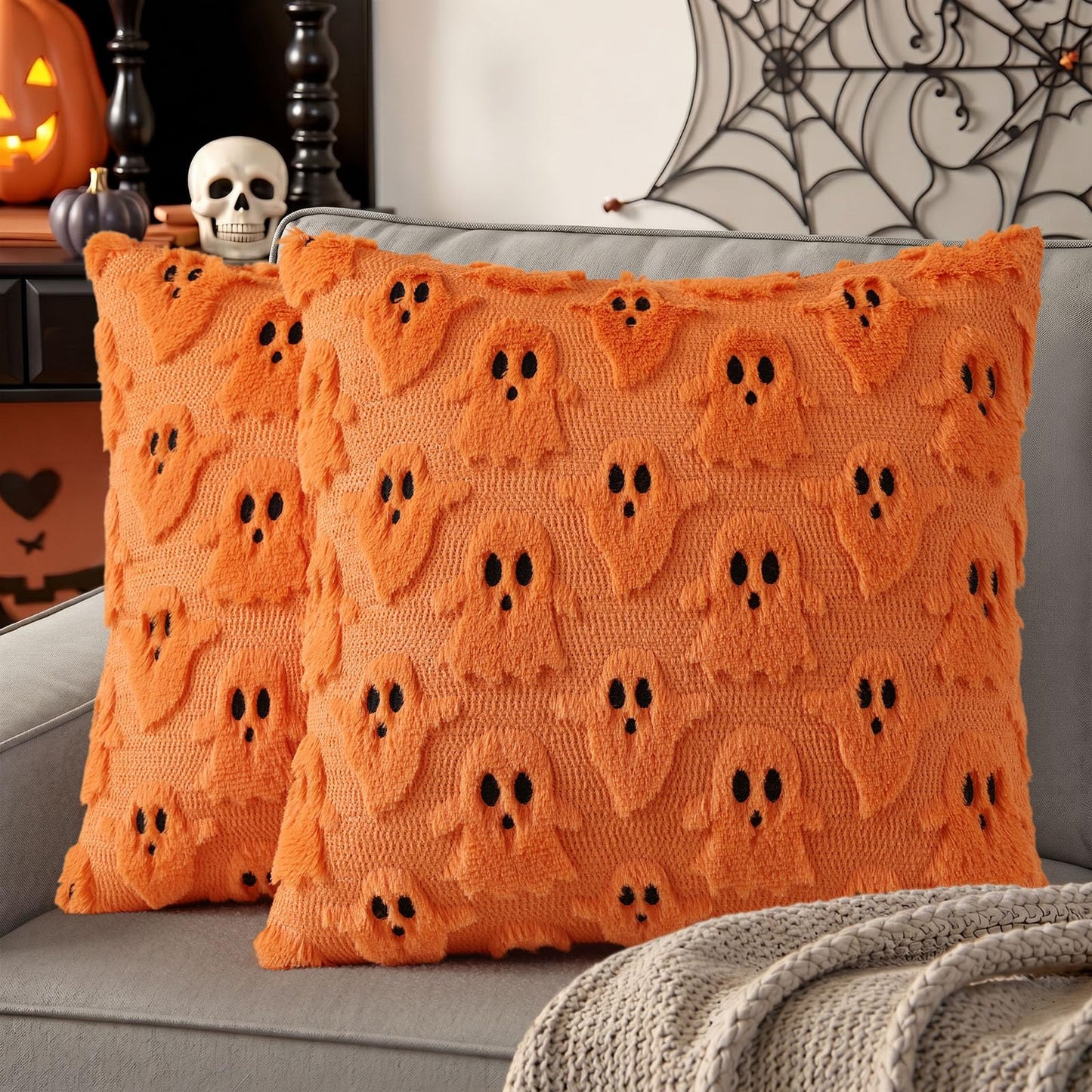 decorUhome Fall Halloween Ghost Pillow Covers 18x18 Inch Pack of 2 Soft Plush Faux Wool Textured Throw Pillow Covers Cute 3D Ghost Decorative Cushion Cases for Couch Sofa Bedroom Home Decor, Orange
