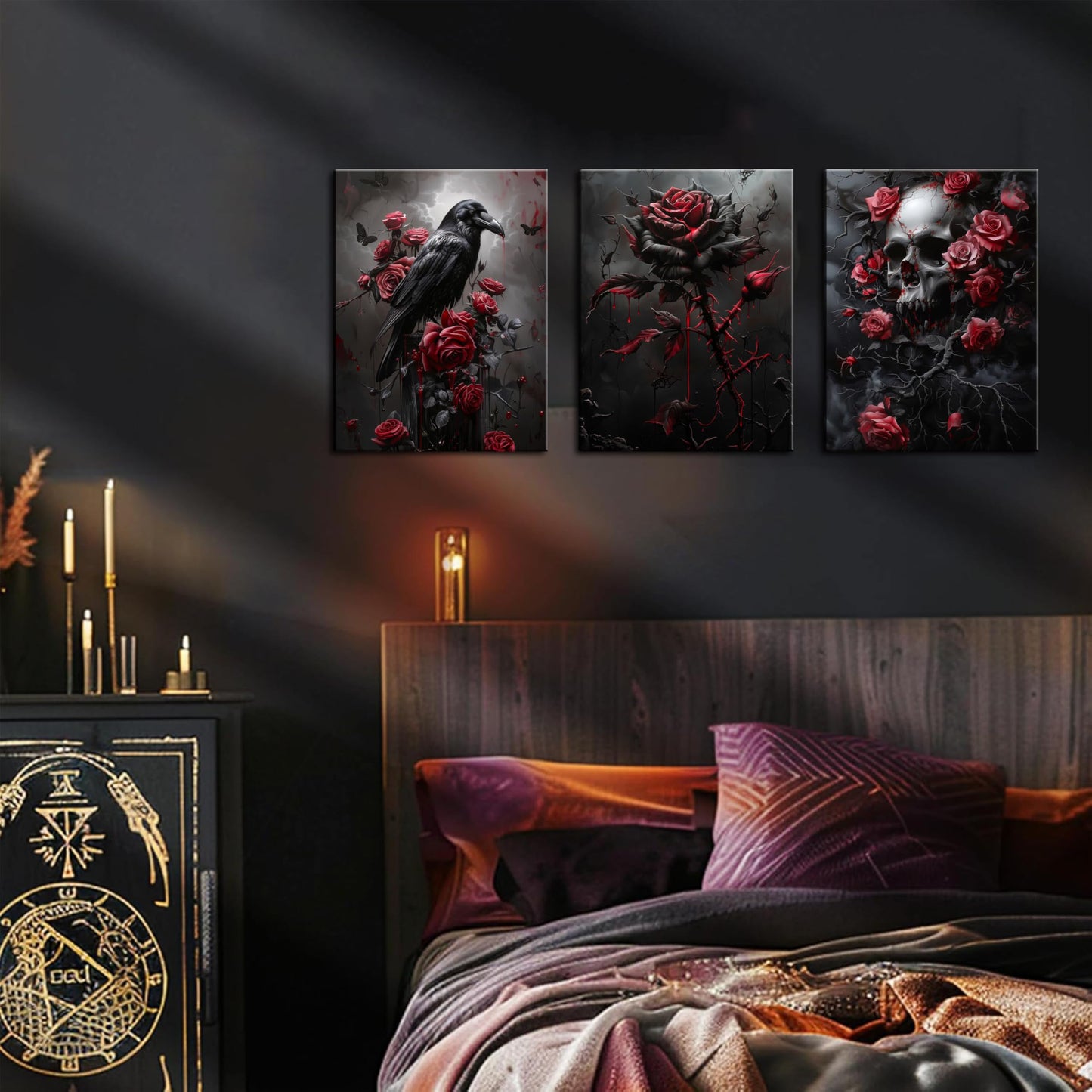 Gothic Canvas Wall Art Set of 3, Romantic Rose Halloween Wall Decor Paintings, Dark Goth Crow Skull Posters Prints for Bathroom Living Room Gallery Home Decor 12x16In Framed