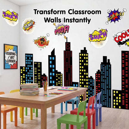 Crtiin 19 Pcs Large Hero Theme City Skyline Wall Decal 12 Comic Words and 7 Large Cityscape Wall Decal Art New York Skyline Hero for Birthday Classroom Backdrop Back to School Hallway Blackboard