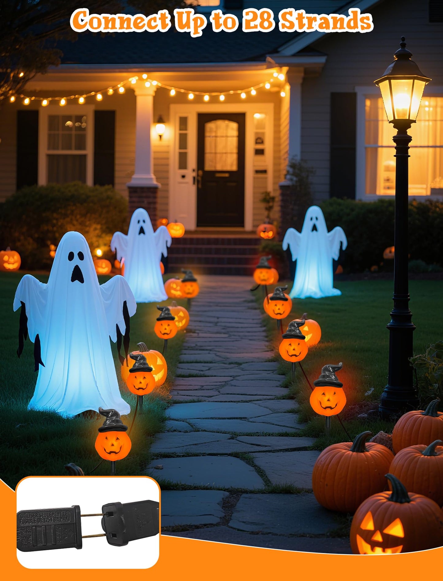Oviejo Halloween Decorations Outdoor C7 Halloween Pumpkin Pathway Stake Lights, 7Ft Jack-o-Lantern Garden Light with 4 C7 LED Bulbs, Pathway String Lights for Outdoor Garden Walkway Party Lighting