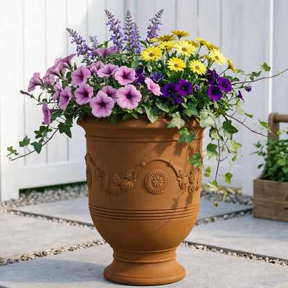 KOL Large Plastic Urn Planter - 16” Dia x 19” H Lightweight Classic Planter Pot with Cement Texture & Drainage Hole, Weather Resistant for Outdoor Plants, Patio, Garden Decor (Rusty)