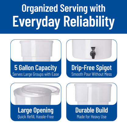 Carlisle FoodService Products Round Beverage Dispenser Drink Dispenser with Spigot for Catering, Plastic, 5 Gallons, White