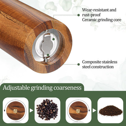 2 Pack Wooden Salt and Pepper Grinder Set,8.46 inch Adjustable Coarseness Manual Salt and Pepper Mill with Brush and Spoon,Acacia Wood Refillable Grinders for Kitchen Christmas Home Gift