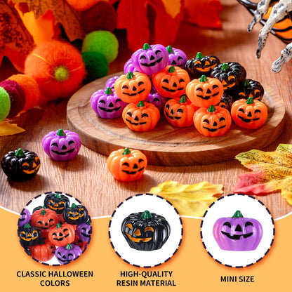 Yalikop 60 Pcs Mini Resin Pumpkin Halloween Miniature Grimace Pumpkin Tiny Vegetable Decor for Halloween Thanksgiving Fall Harvest Festival Party DIY Craft Home Table Decor(Orange, Purple and Black)