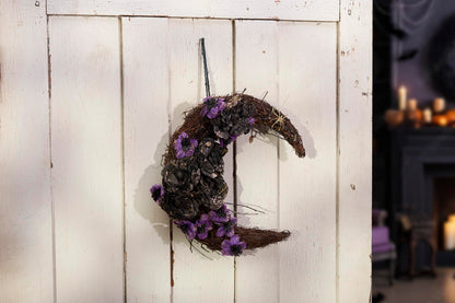 Primitives by Kathy Moody Moon Wreath - 14" x 17" Seasonal Halloween Decor, Rattan Crescent with Black and Purple Faux Florals, Gold Glitter Details, and Gold Spider