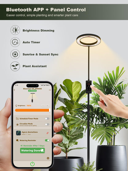 GLOWRIUM Smart Grow Lights for Indoor Plants, 24W Full Spectrum Plant Lights with Bluetooth App, Adjustable Height 47-70.9", Auto Timer, Indoor Plant Lamp for Large Tall Plants（Black 24W）