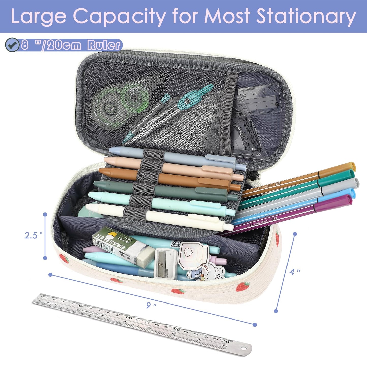 FlowFly Large Capacity Pencil Case for Kids, Boys & Girls – Zippered Multi-Functional Pen Pouch, Soft & Portable Pencil Bag for School, Teens, Students, Corduroy Strawberries Beige