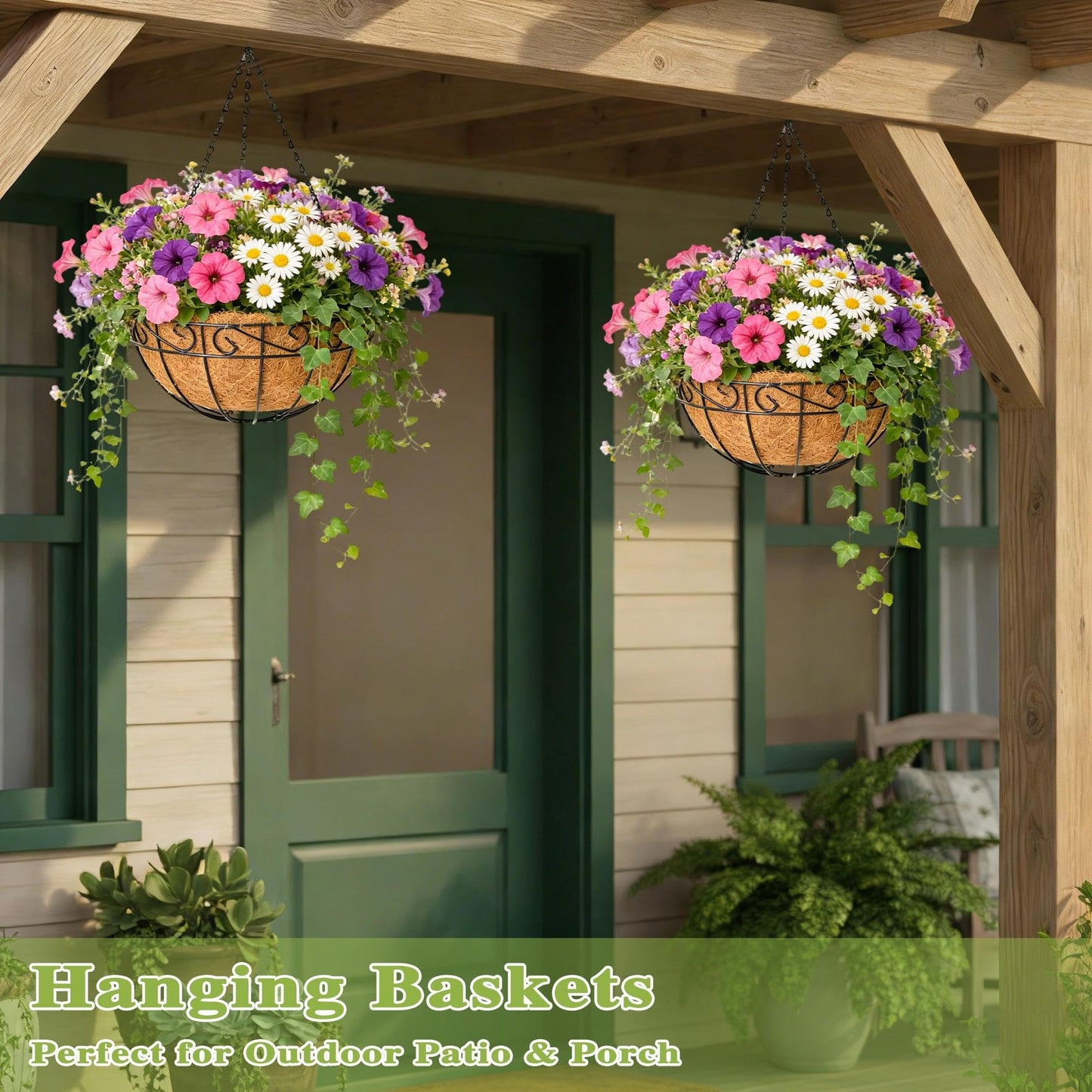 Qusuxi 4 Pack 10 Inch Hanging Baskets for Plants Outdoor Metal Hanging Planter Hanging Flower Baskets with Coco Fiber Liners Chain Round Wire Plant Holder Hangings Flower Pots(Plaid)